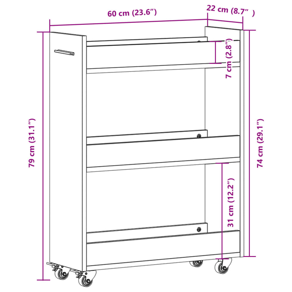 Sidebord med hjul hvit 60x22x79 cm konstruert tre