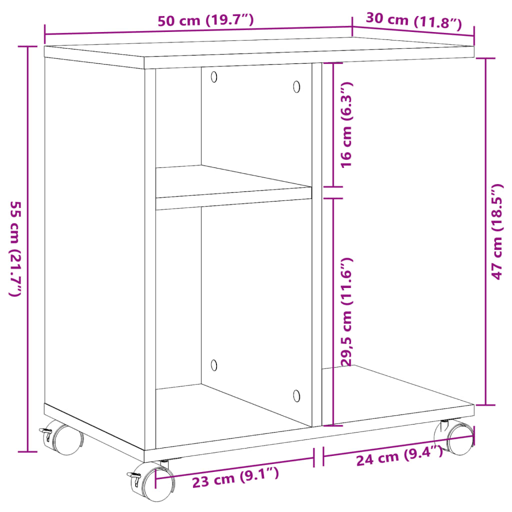 Sidebord med hjul sonoma eik 50x30x55 cm konstruert tre