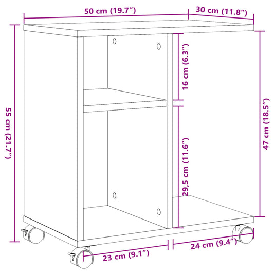Sidebord med hjul sonoma eik 50x30x55 cm konstruert tre