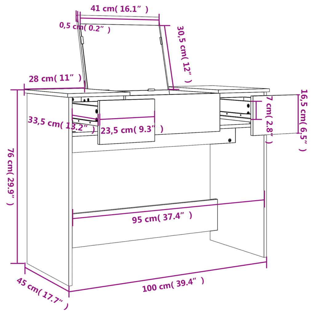 Sminkebord med speil svart 100x45x76 cm