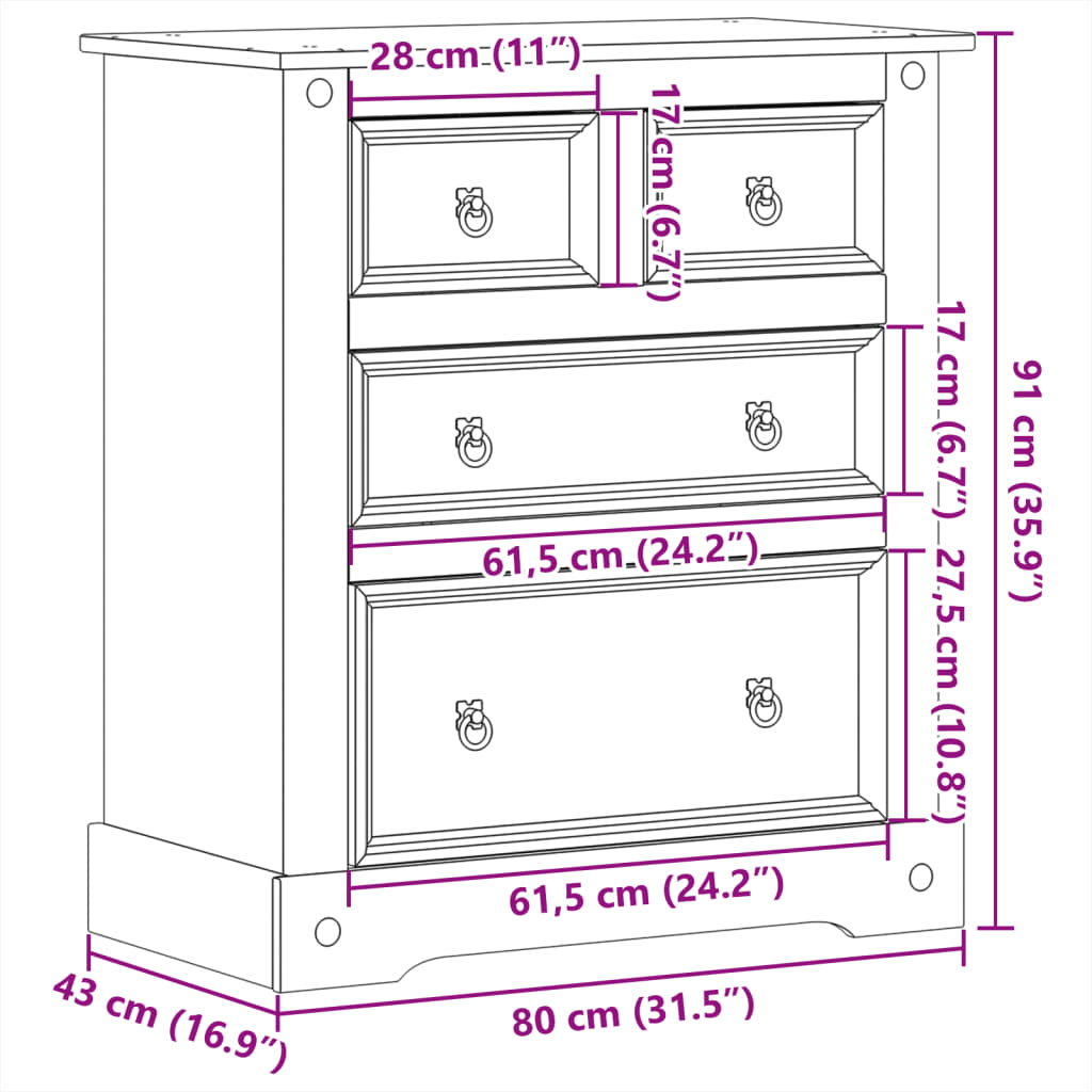 Kommode Corona 80x43x91 cm heltre furu