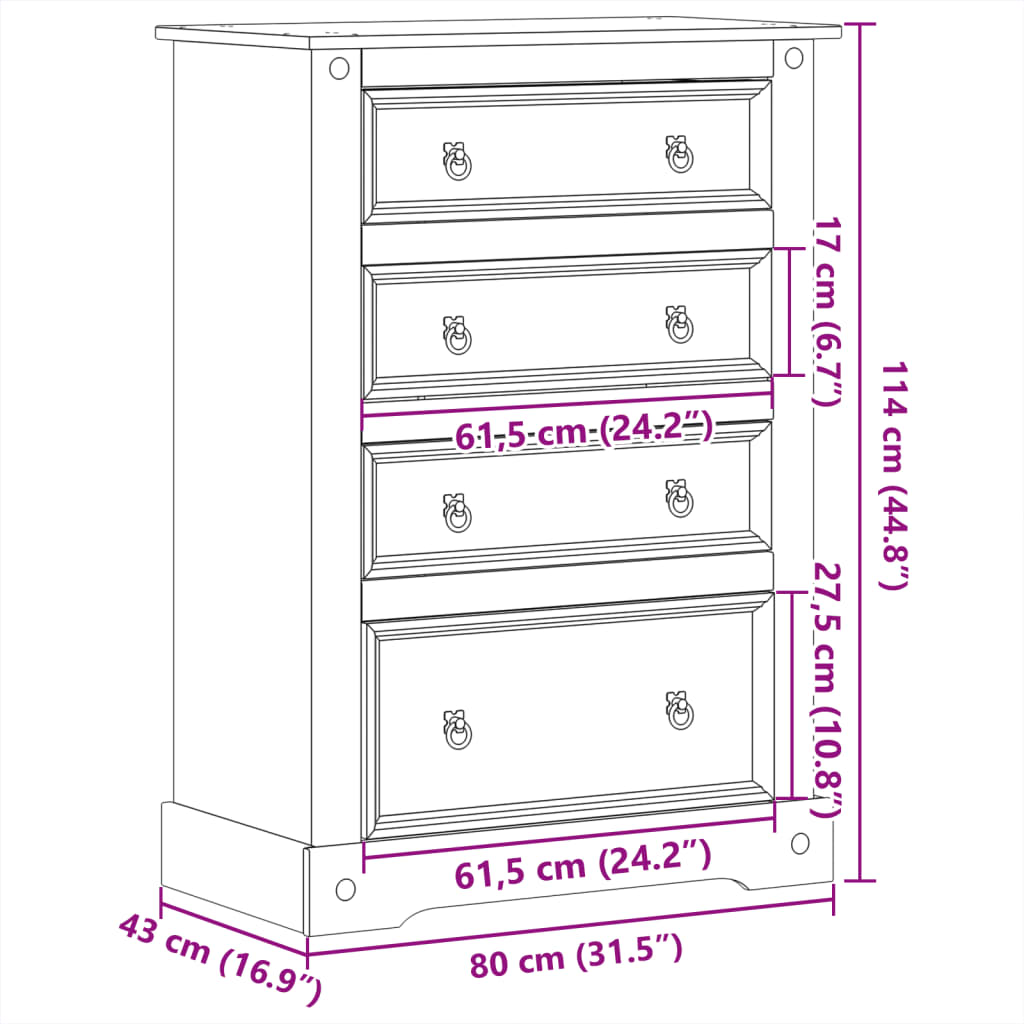 Kommode Corona 80x43x114 cm heltre furu