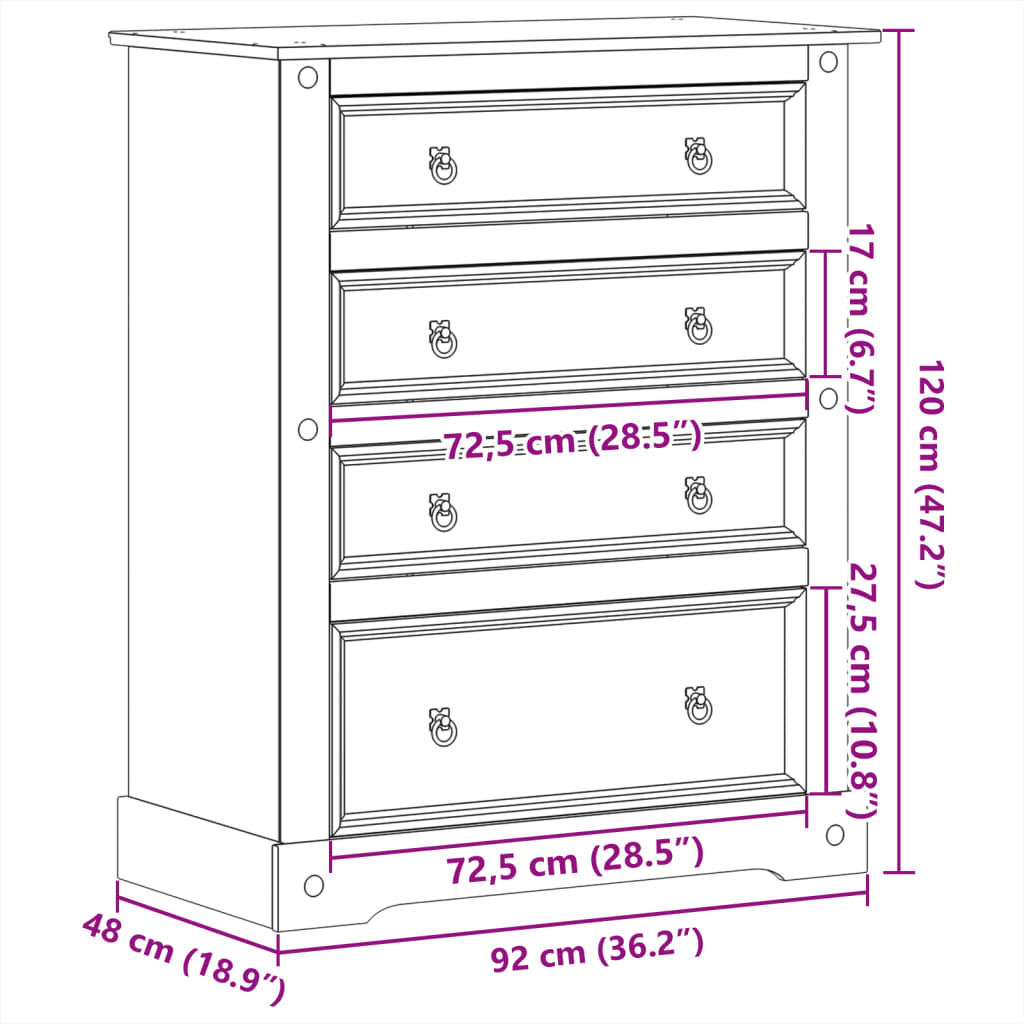 Kommode Corona 92x48x114 cm heltre furu