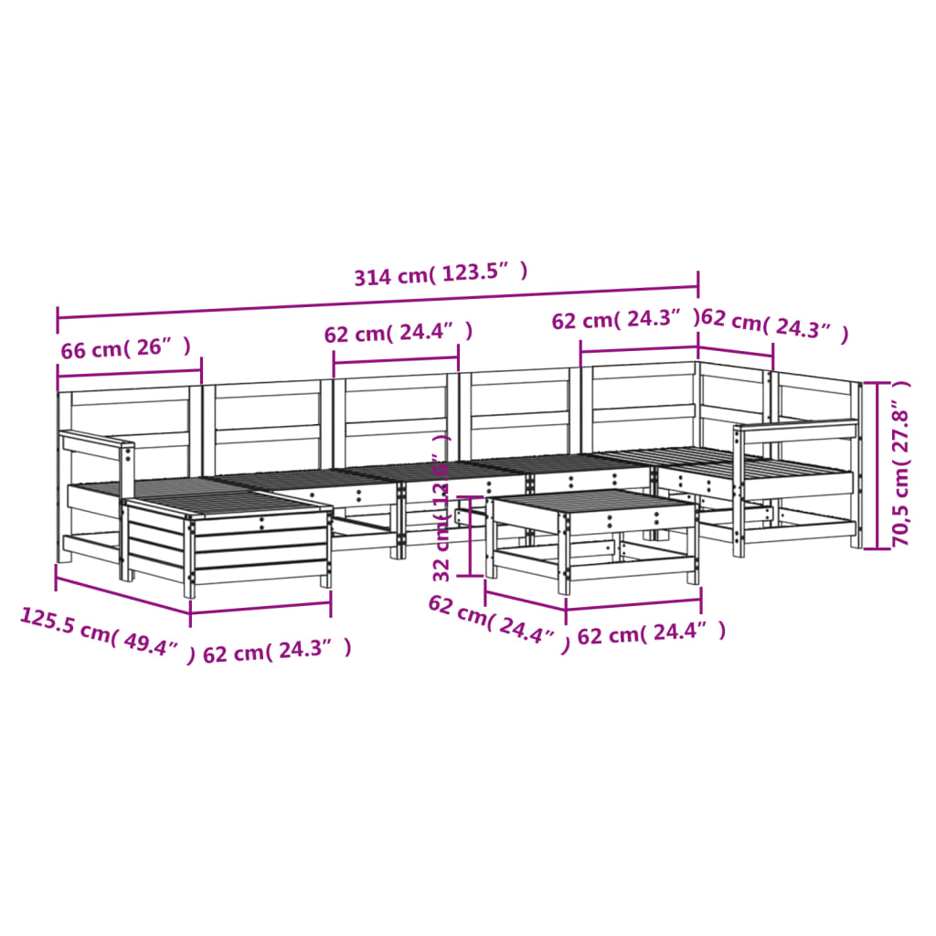 Hagesofasett 8 deler hvit heltre furu