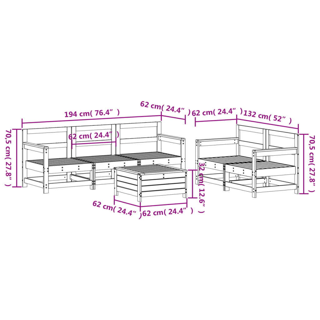 Hagesofasett 6 deler hvit heltre furu