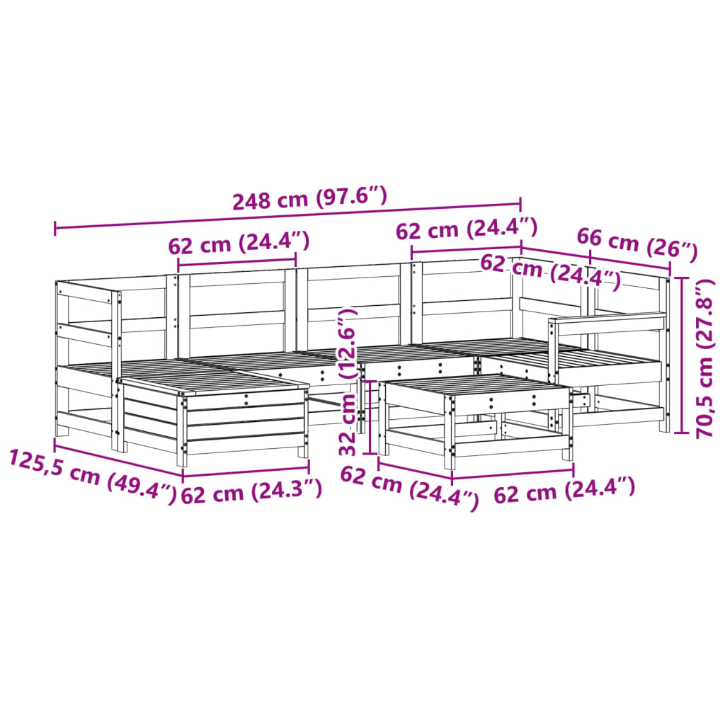 Hagesofasett 7 deler hvit heltre furu