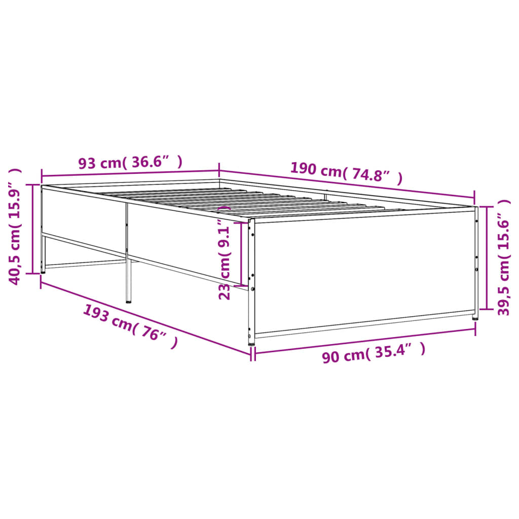 Sengeramme røkt eik 90x190 cm konstruert tre og metall