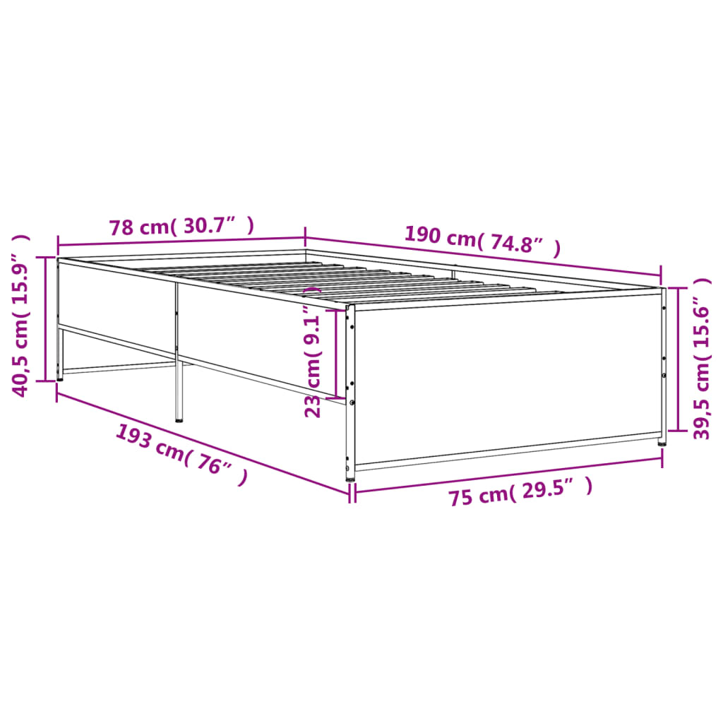 Sengeramme grå sonoma 75x190 cm konstruert tre og metall