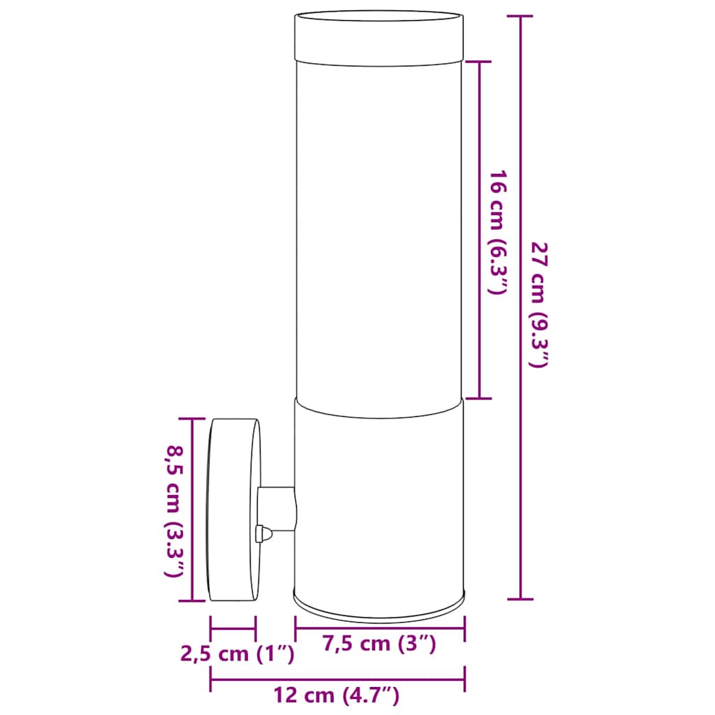 Utevegglampe Svart 12 x 7.5 x 27 cm Rustfritt stål