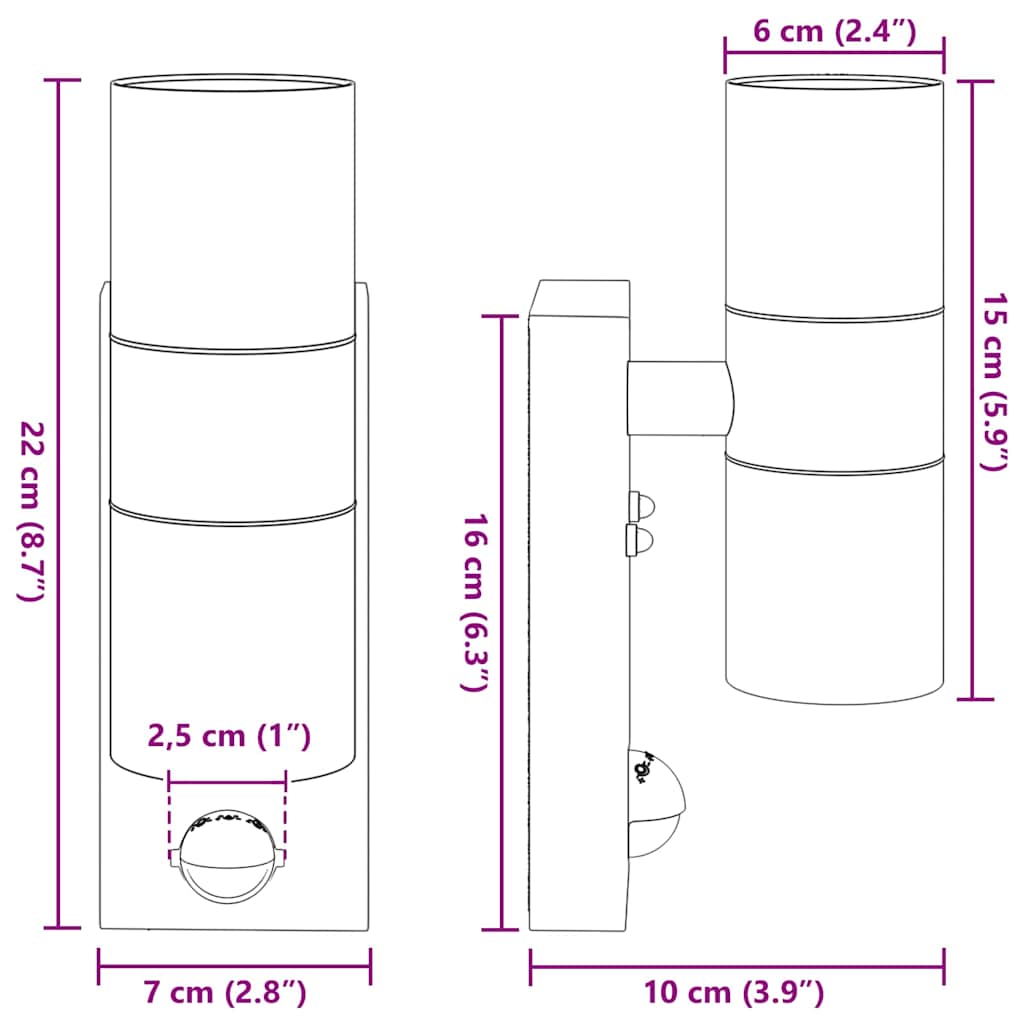 Utevegglampe Svart 7 x 10 x 22 cm Rustfritt stål