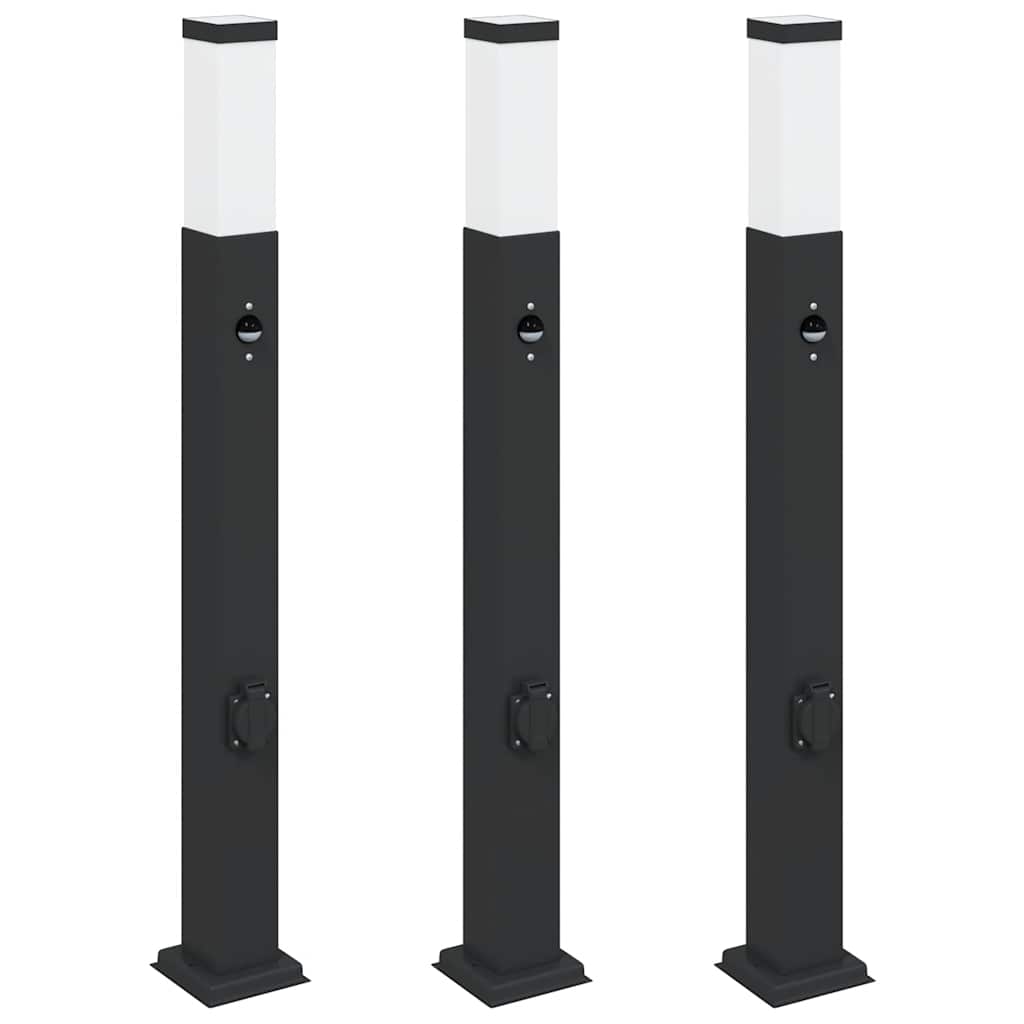 Pullertlamper med sensor og stikkontakt 3 stk 80 cm svart IP44