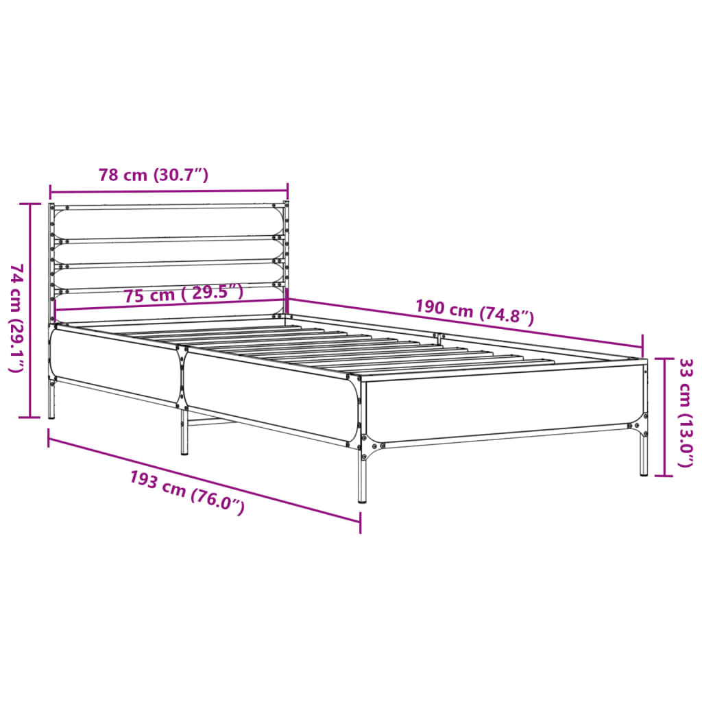 Sengeramme brun eik 75x190 cm konstruert tre og metall