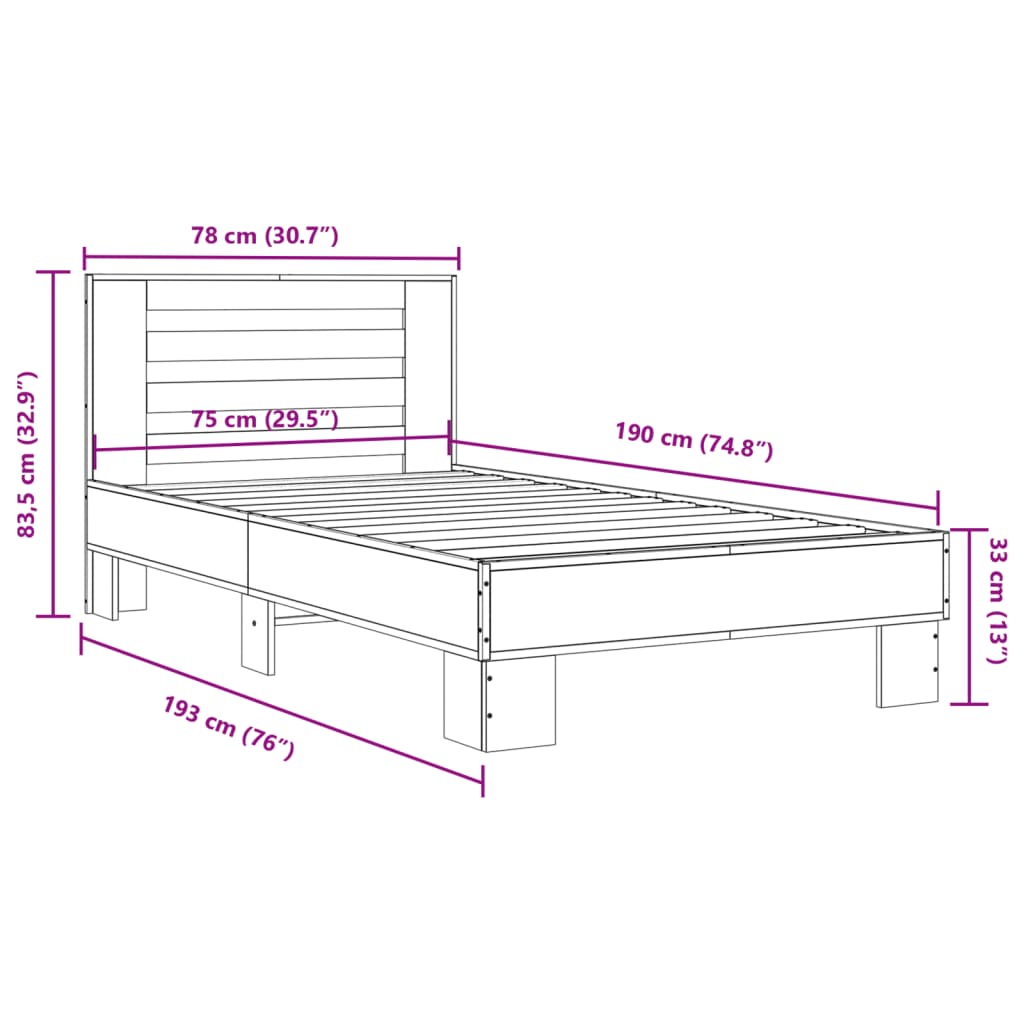 Sengeramme svart 75x190 cm konstruert tre og metall