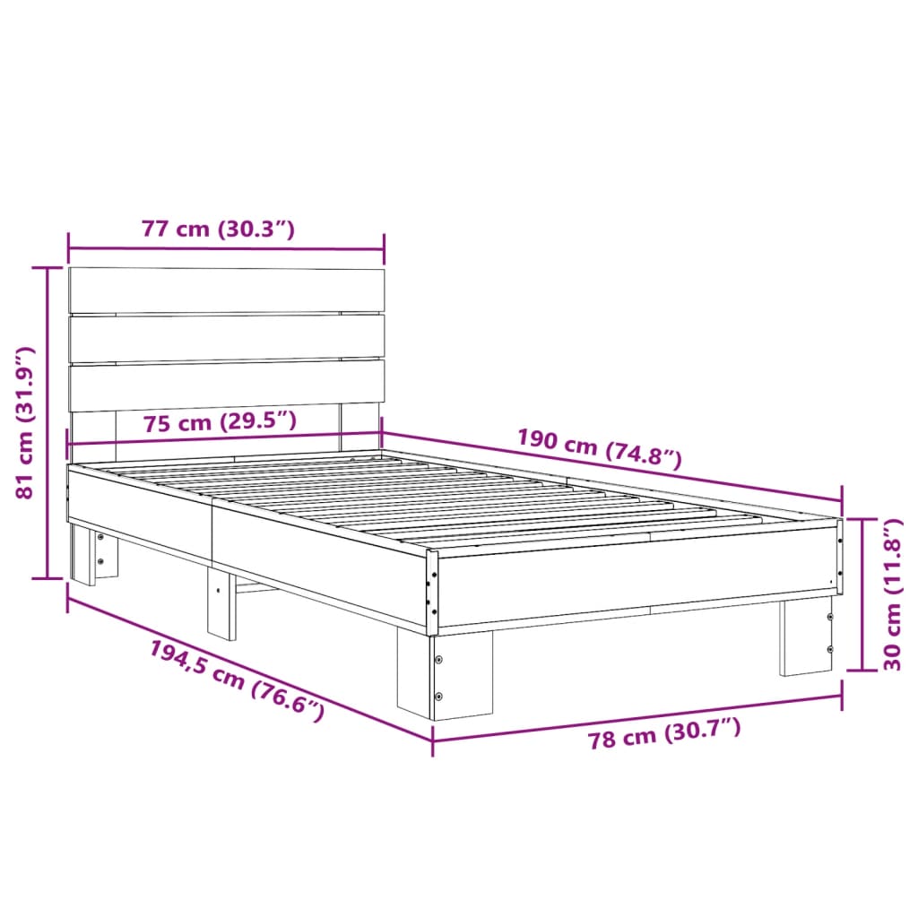 Sengeramme sonoma eik 75x190 cm konstruert tre og metall