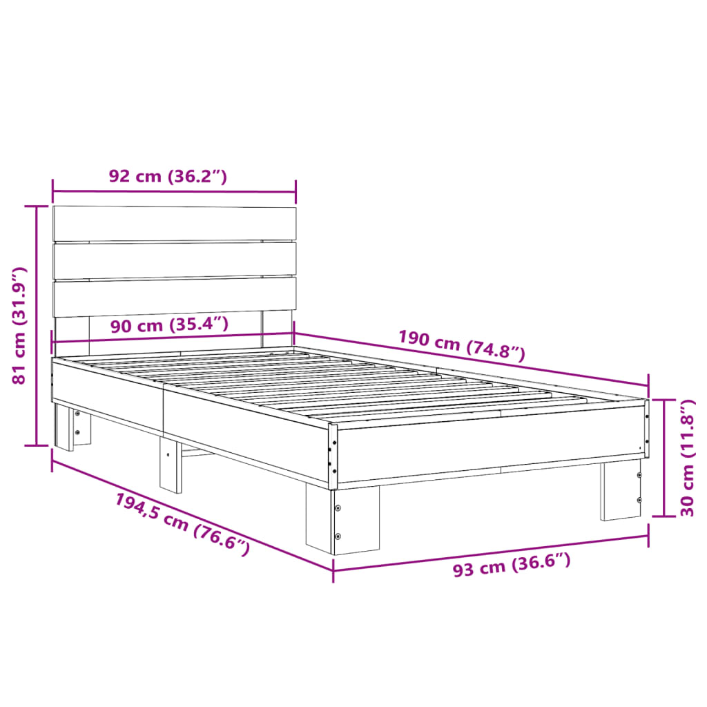 Sengeramme sonoma eik 90x190 cm konstruert tre og metall
