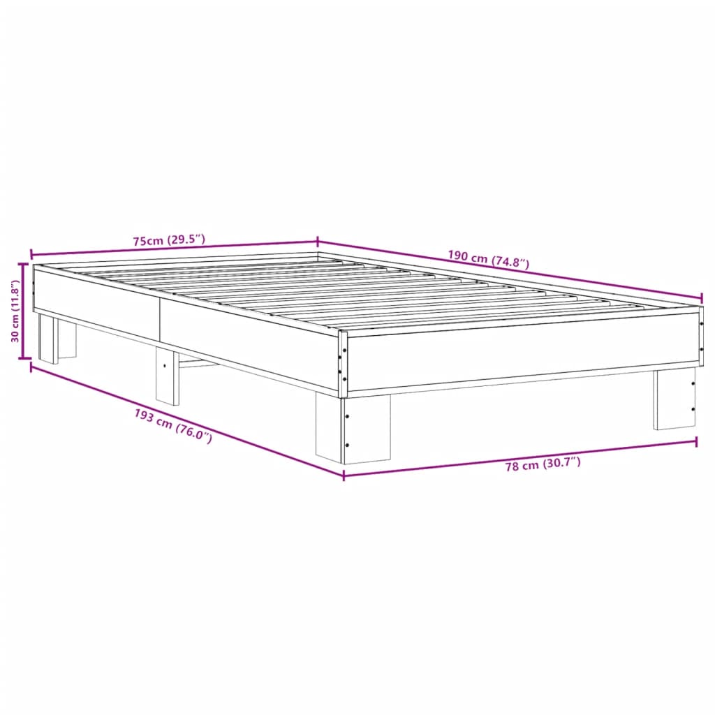 Sengeramme brun eik 75x190 cm konstruert tre og metall