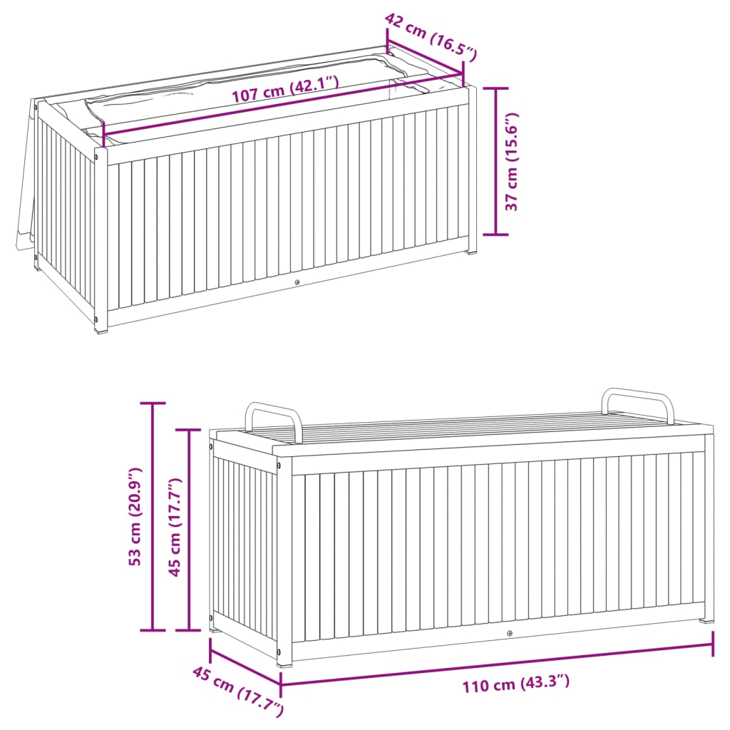 Putekasse 110x45x42/53 cm heltre akasie og stål
