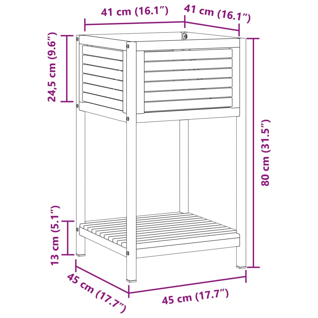 Plantekasse med hylle 45x45x80 cm heltre akasie og stål
