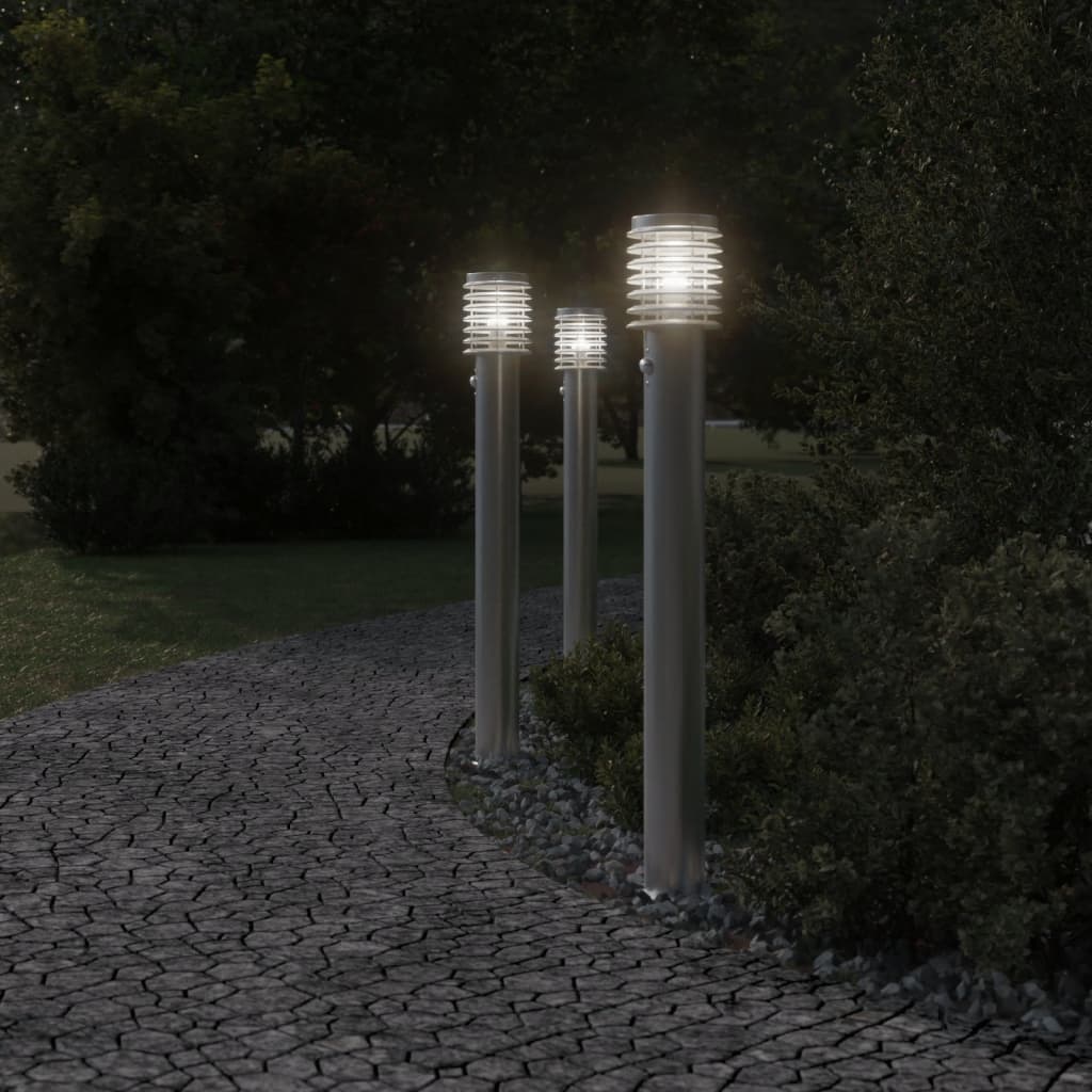 Utendørs gulvlamper sensorer 3 stk sølv 110 cm rustfritt stål