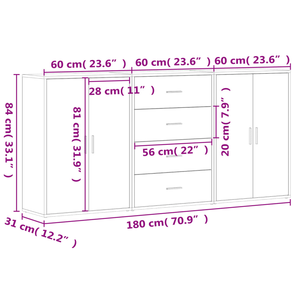 Skjenker 3 stk sonoma eik 60x31x84 cm konstruert tre vidaXL