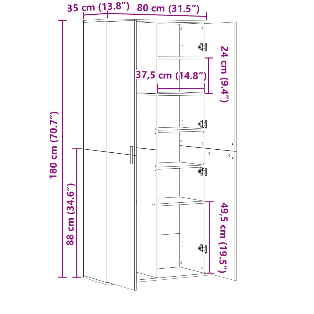 Highboard hvit 80x35x180 cm konstruert tre