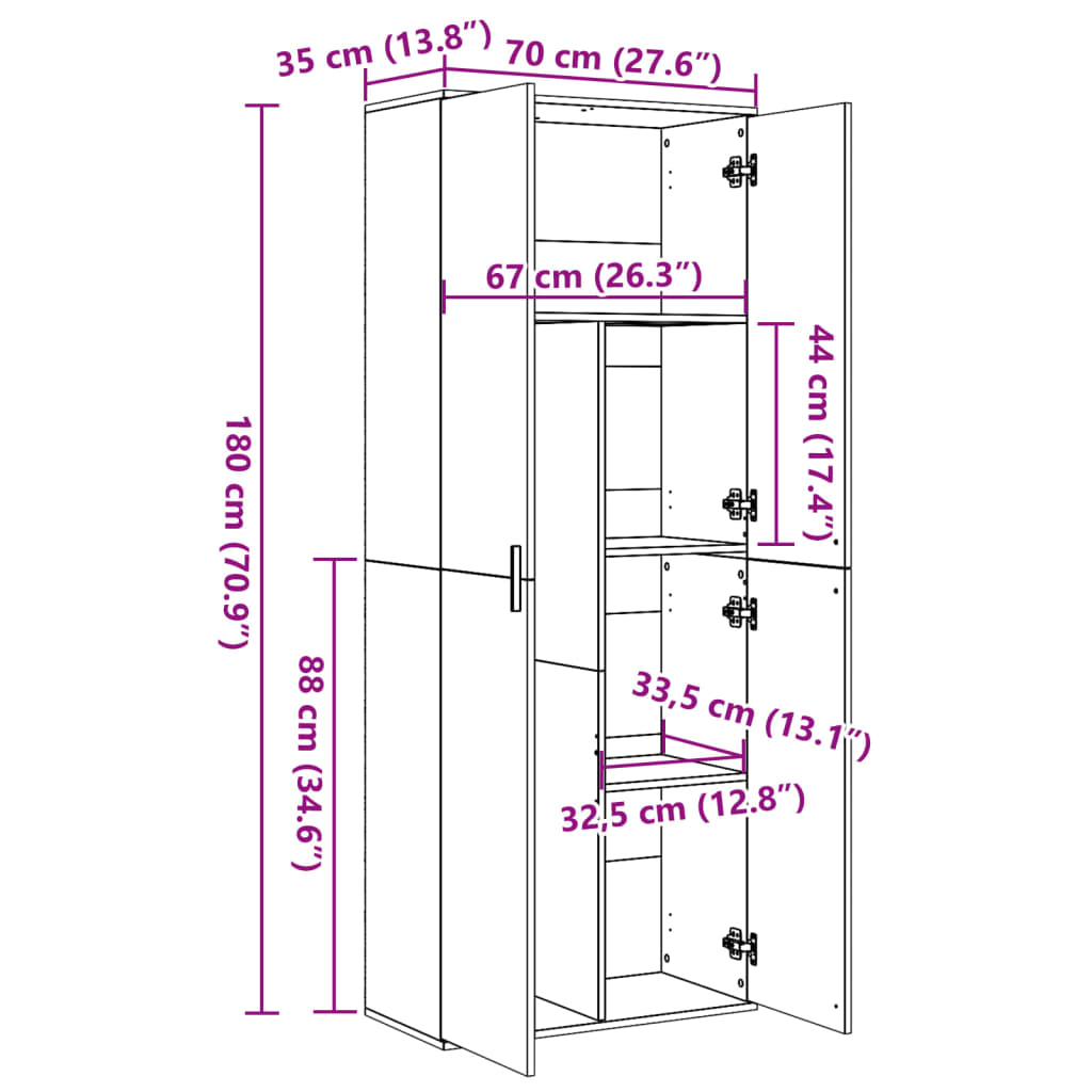 Highboard hvit 70x35x180 cm konstruert tre