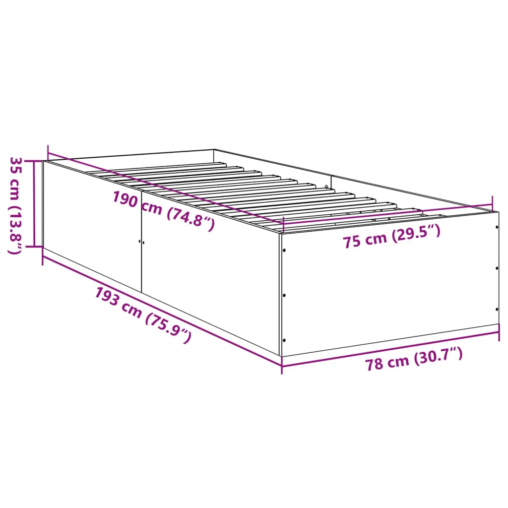 Sengeramme uten madrass brun eik 75x190 cm konstruert tre