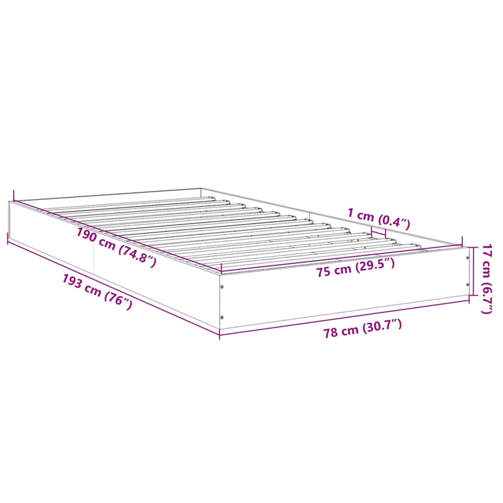 Sengeramme uten madrass brun eik 75x190 cm konstruert tre