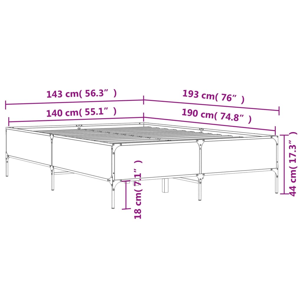 Sengeramme grå sonoma 140x190 cm konstruert tre og metall