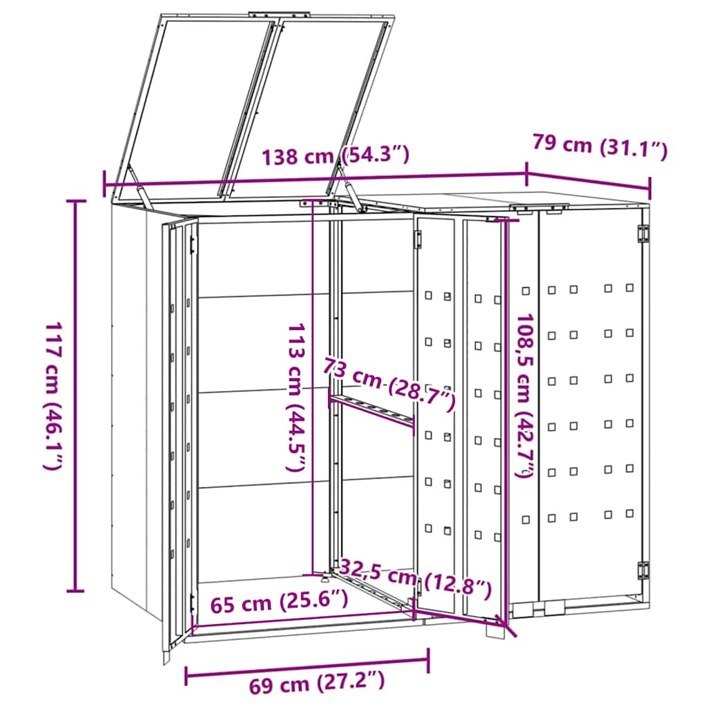 Søppeldunkskur for 2 dunker svart 138x79x117 cm stål