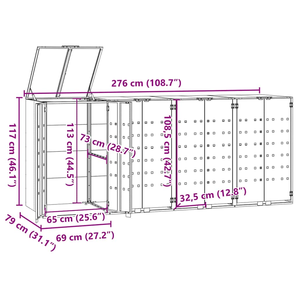 Søppeldunkskur for 4 dunker antrasitt 276x79x117 cm stål