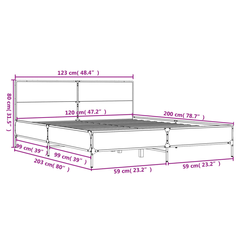 Sengeramme brun eik 120x200 cm konstruert tre og metall