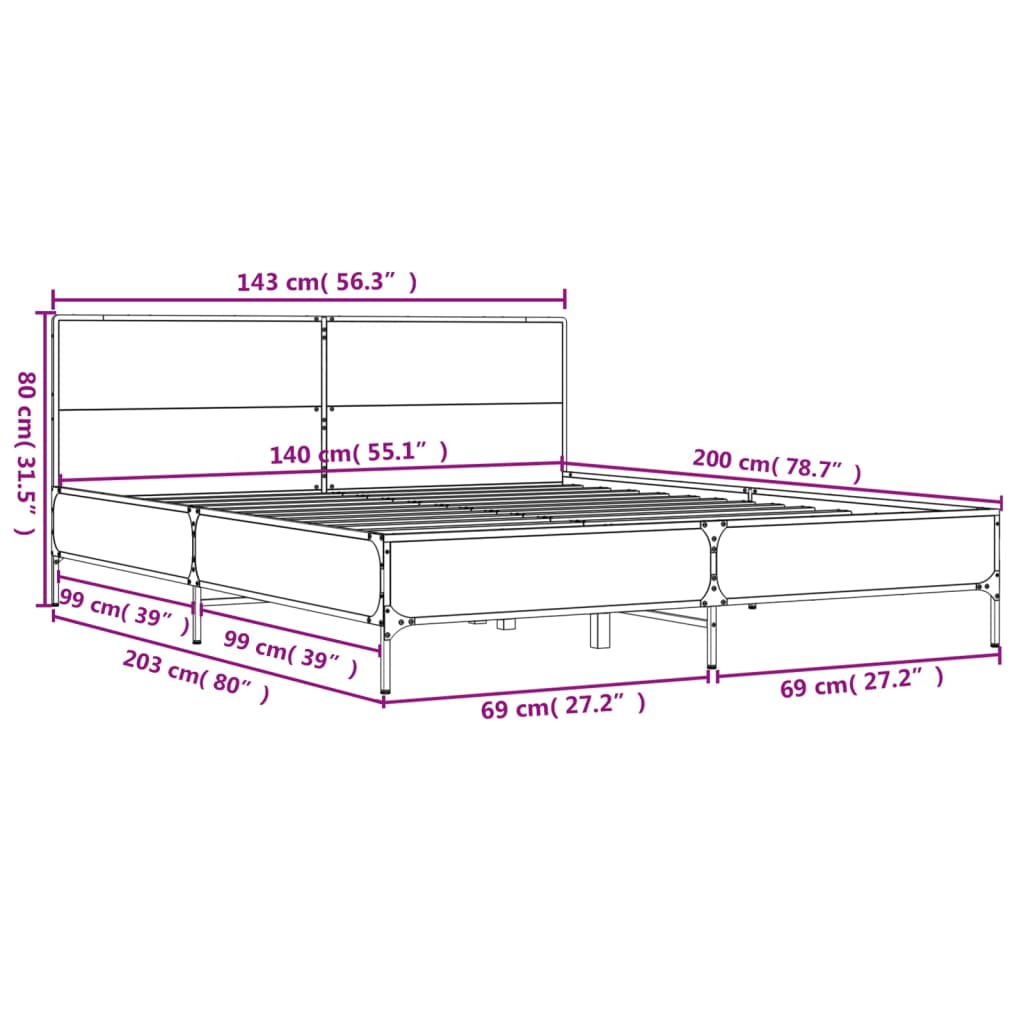Sengeramme sonoma eik 140x200 cm konstruert tre og metall