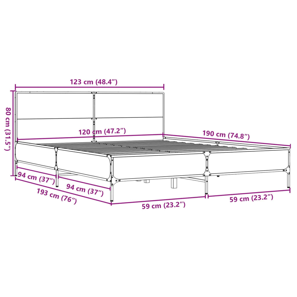 Sengeramme sonoma eik 120x190 cm konstruert tre og metall