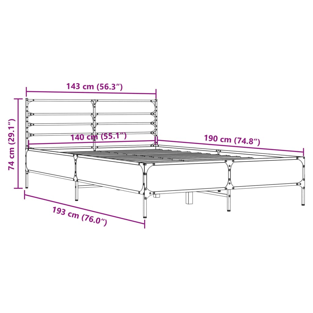Sengeramme brun eik 140x190 cm konstruert tre og metall