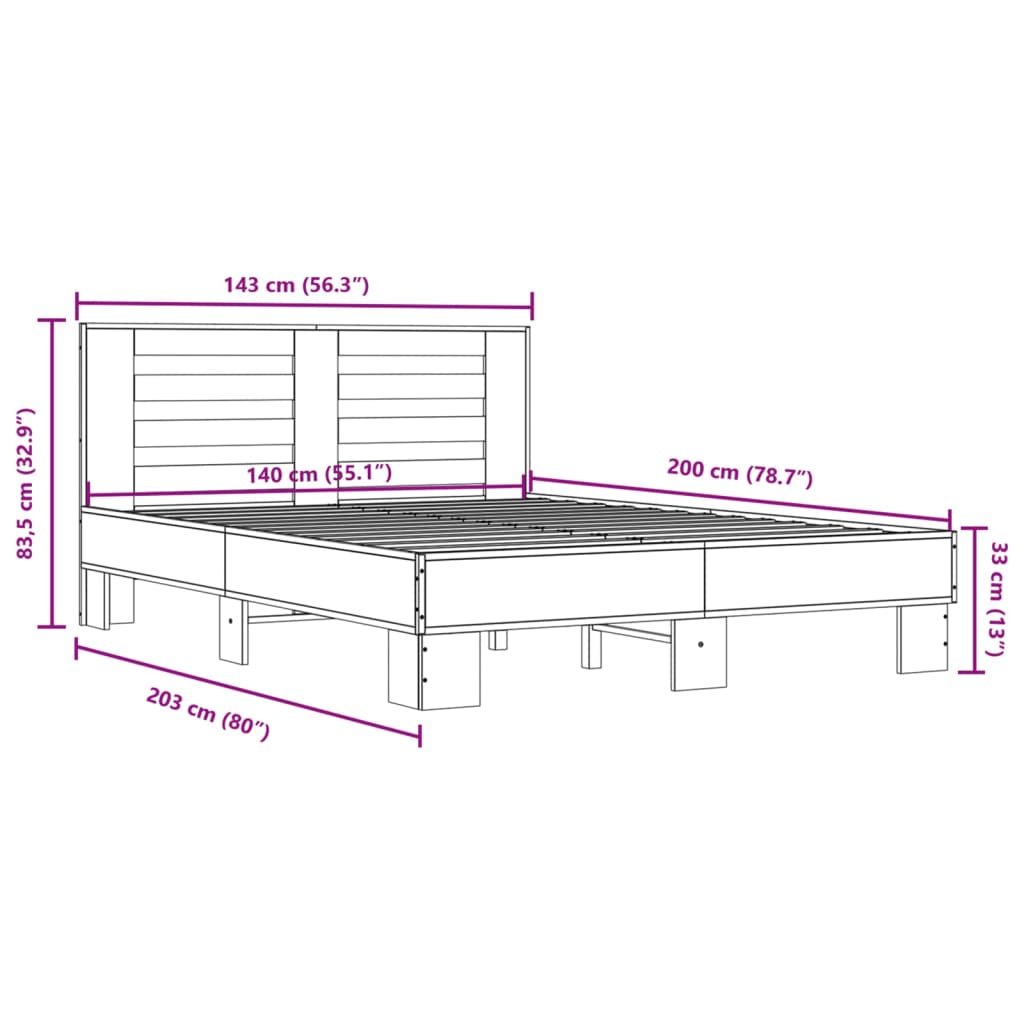Sengeramme sonoma eik 140x200 cm konstruert tre og metall