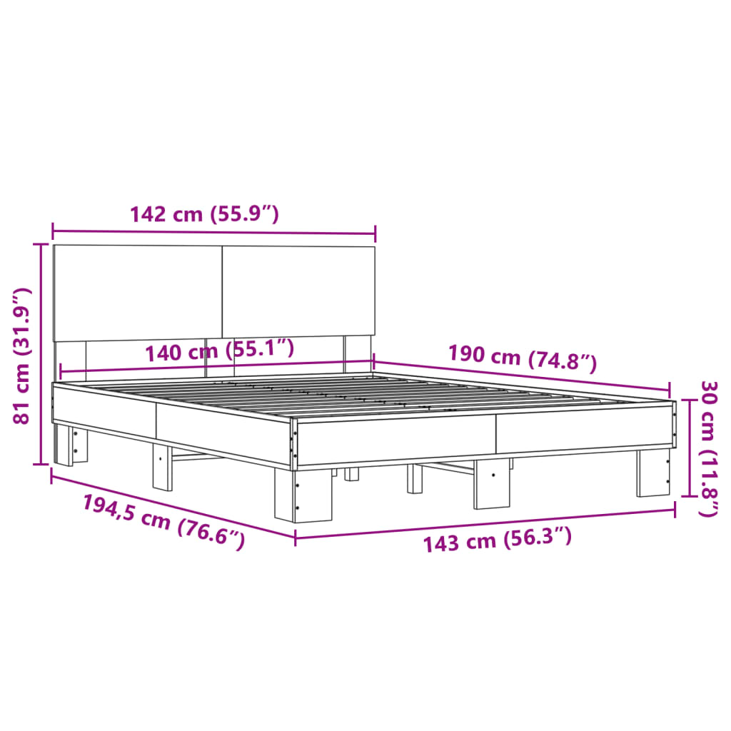 Sengeramme grå sonoma 140x190 cm konstruert tre og metall