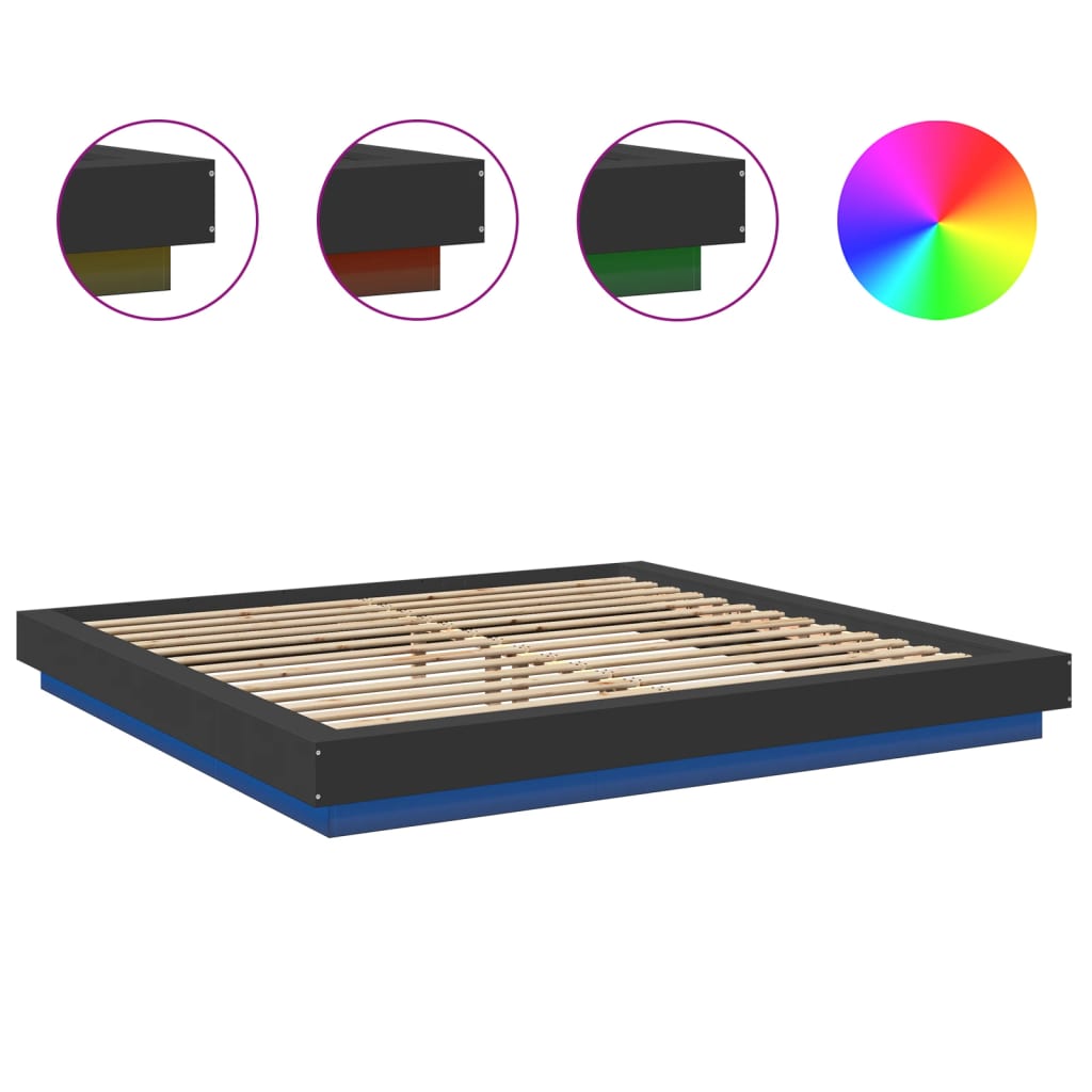 Sengeramme med LED-lys svart 200x200 cm konstruert tre