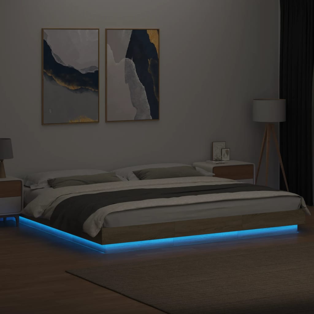 Sengeramme med LED-lys sonoma eik 200x200 cm konstruert tre