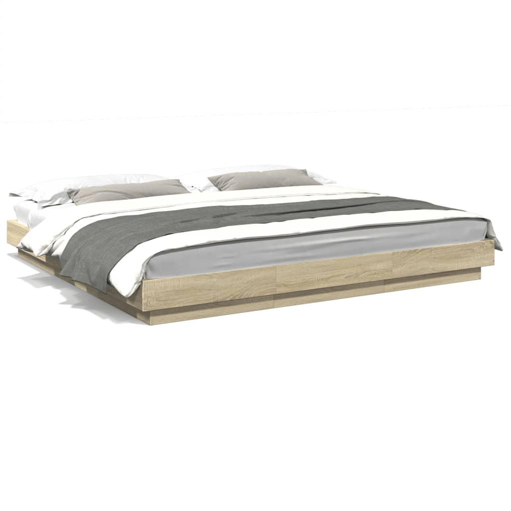 Sengeramme med LED-lys sonoma eik 200x200 cm konstruert tre
