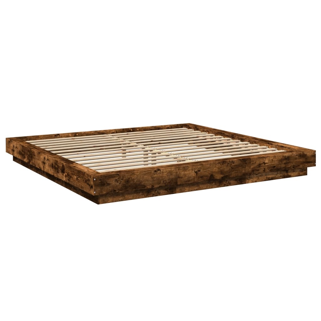 Sengeramme med LED-lys røkt eik 200x200 cm konstruert tre