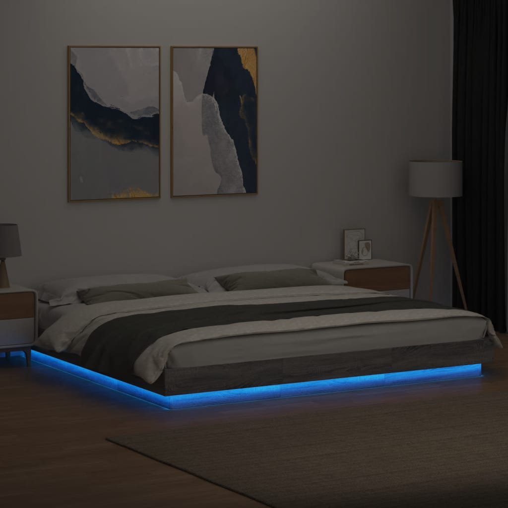 Sengeramme med LED-lys grå sonoma 200x200 cm konstruert tre