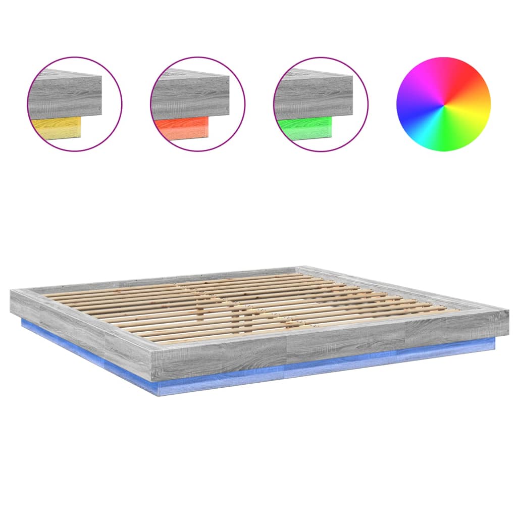 Sengeramme med LED-lys grå sonoma 200x200 cm konstruert tre