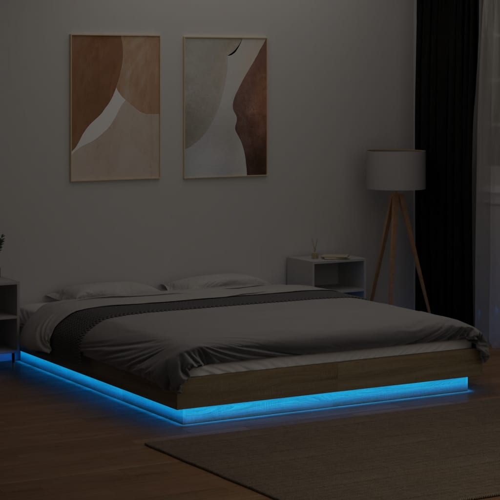 Sengeramme med LED-lys sonoma eik 150x200 cm konstruert tre