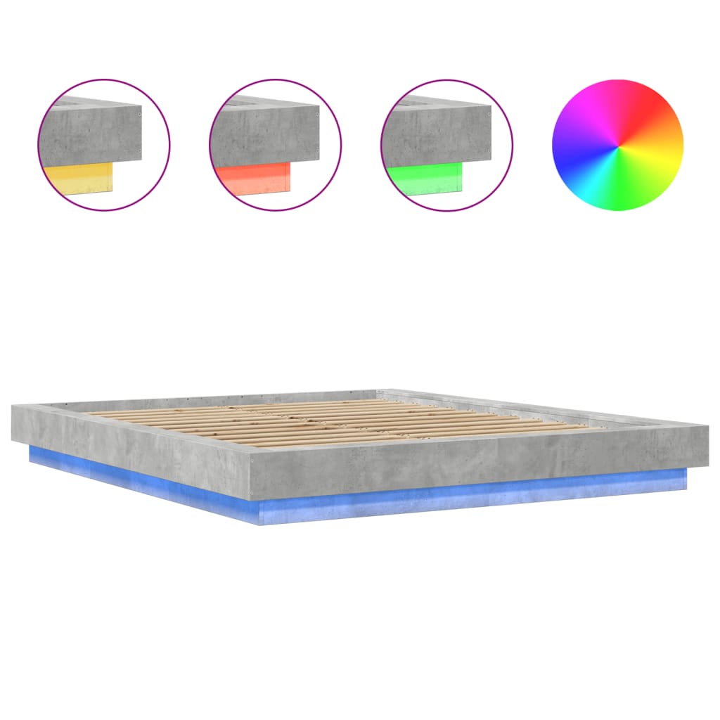 Sengeramme med LED-lys betonggrå 150x200 cm konstruert tre