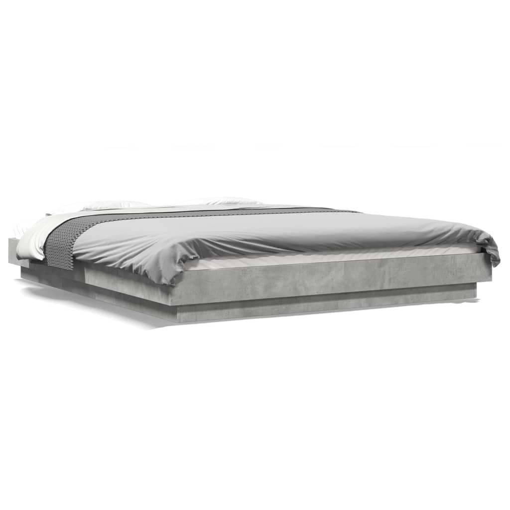 Sengeramme med LED-lys betonggrå 150x200 cm konstruert tre