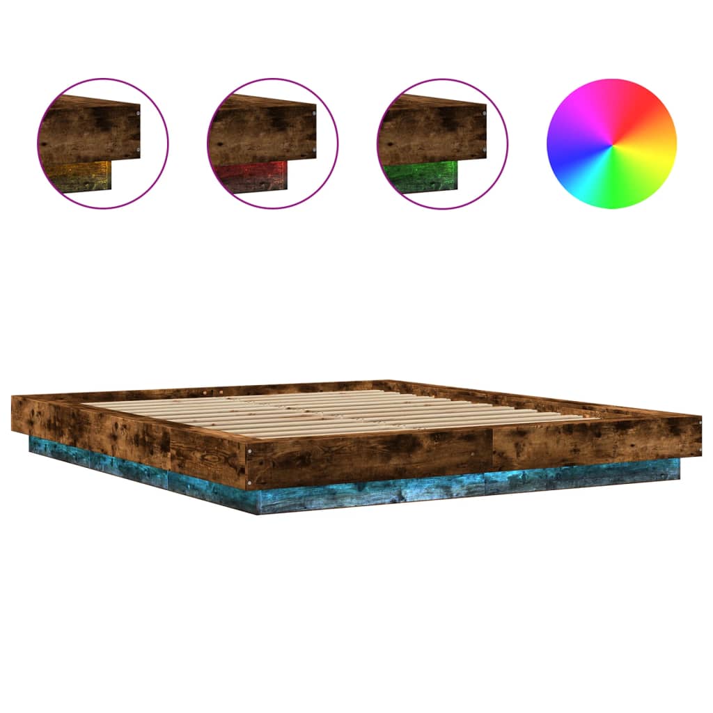 Sengeramme med LED-lys røkt eik 150x200 cm konstruert tre