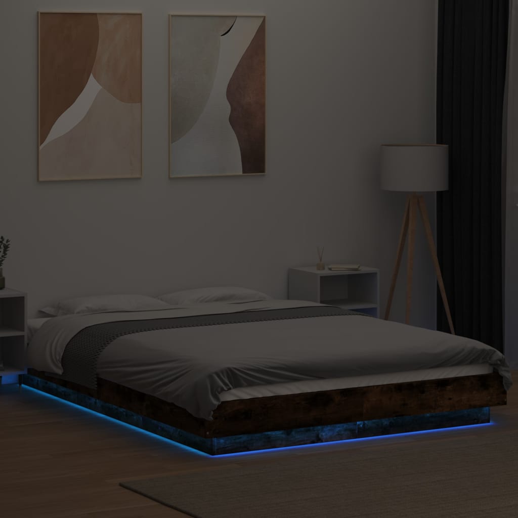Sengeramme med LED-lys røkt eik 120x200 cm konstruert tre