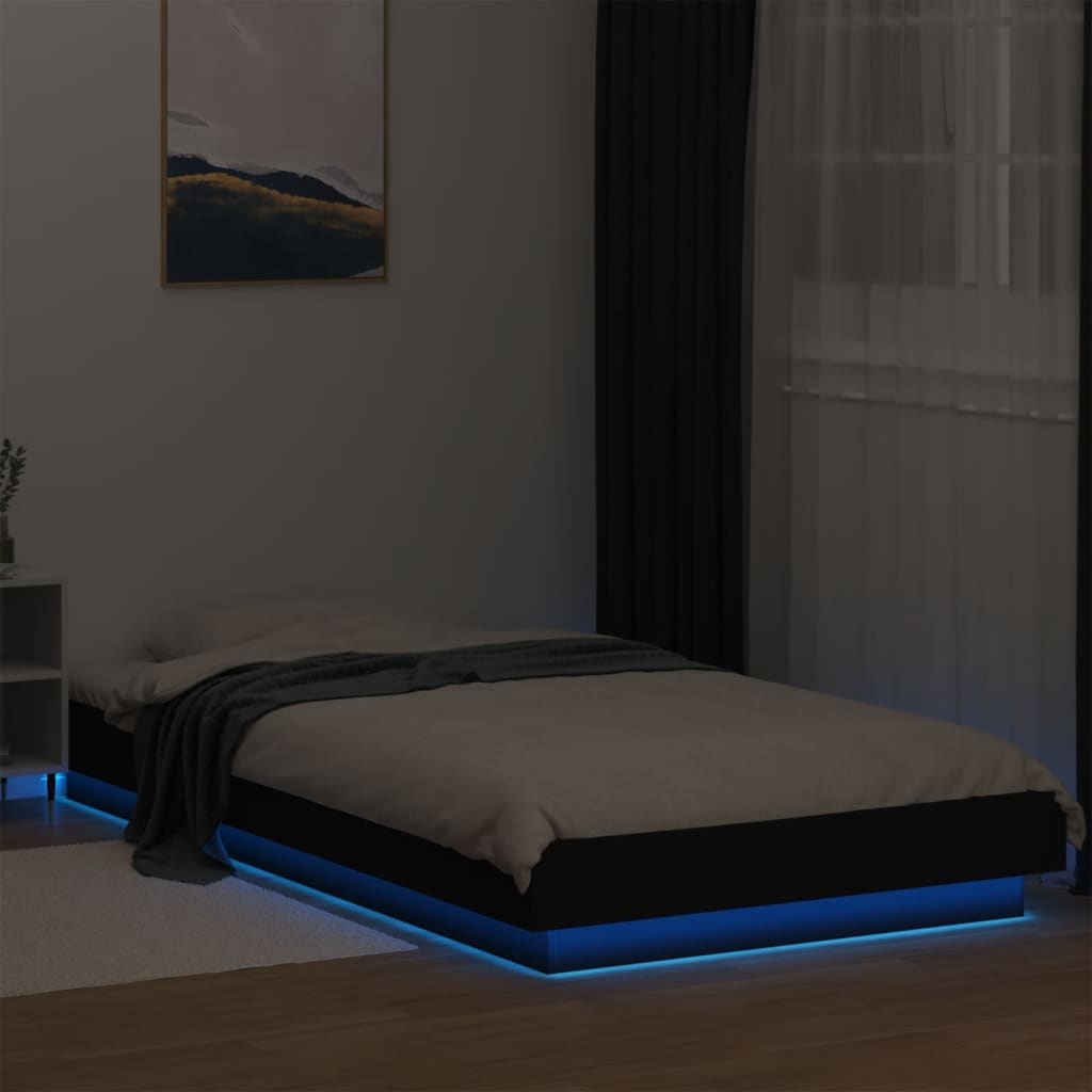 Sengeramme med LED-lys svart 100x200 cm konstruert tre