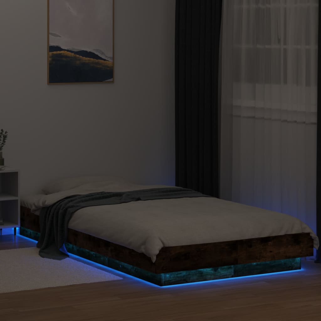 Sengeramme med LED-lys røkt eik 100x200 cm konstruert tre